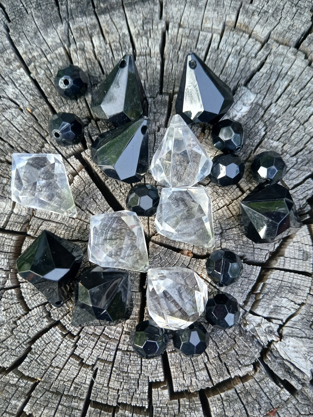 Mixed Acrylic Diamond Drop Prisms - Clear & Black Faceted Beads Craft Lot